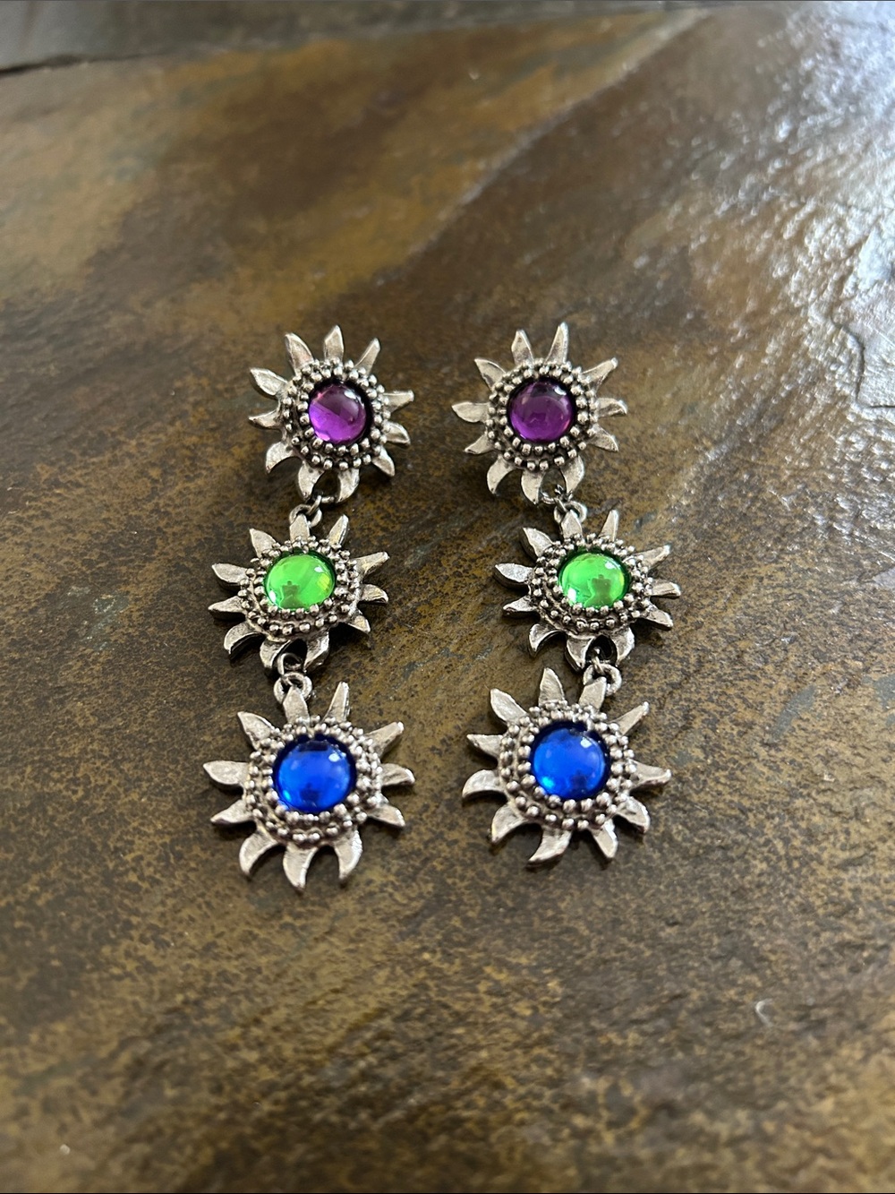Multi-Color Sunburst Drop Earrings - Silver Tone
